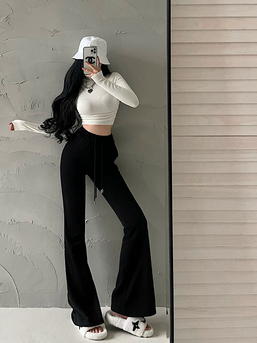 YoungGirlDay Quần ống loe cạp cao kiểu Âu Mỹ giúp chân trông dài hơn, quần thể thao năng động, quần dài chạm sàn.