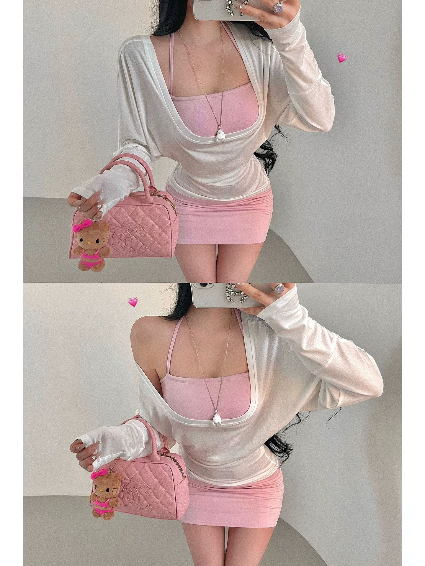 YoungGirlDay Pure Desire Style Hot Girl Áo dây cổ yếm thông thường + Áo khoác ngoài + Váy + Quần dài Bộ bốn món