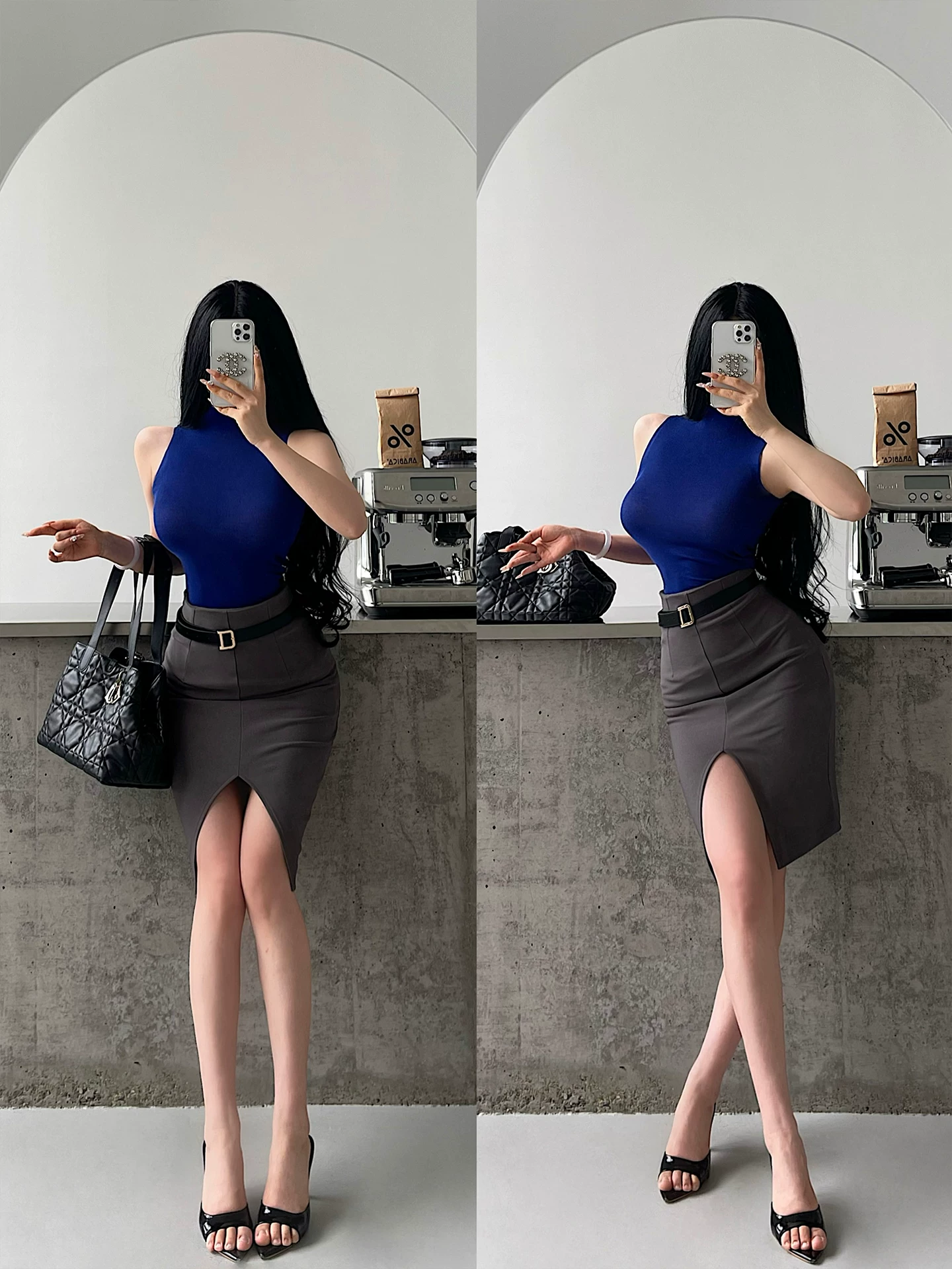 [Có thể mặc được trong mọi mùa] Váy ôm sát hông, cạp cao, xẻ tà phía trước, dài vừa phải, kiểu dáng thuần khiết và gợi cảm theo phong cách Hàn Quốc.