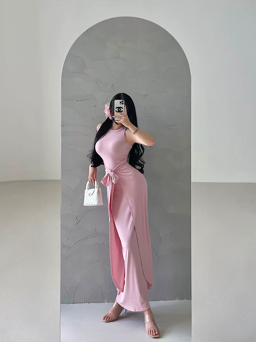 YoungGirlDay Pure Desire Style Váy hai mảnh giả hai mảnh có dây buộc eo không tay Bodycon Tank Dress Áo dài.