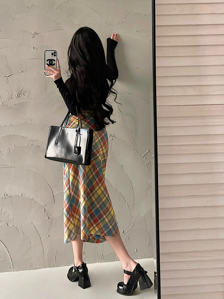 YoungGirlDay retro dopamine eo cao giảm béo có đai đôi kẻ sọc đầy màu sắc Váy chữ A dài vừa phải