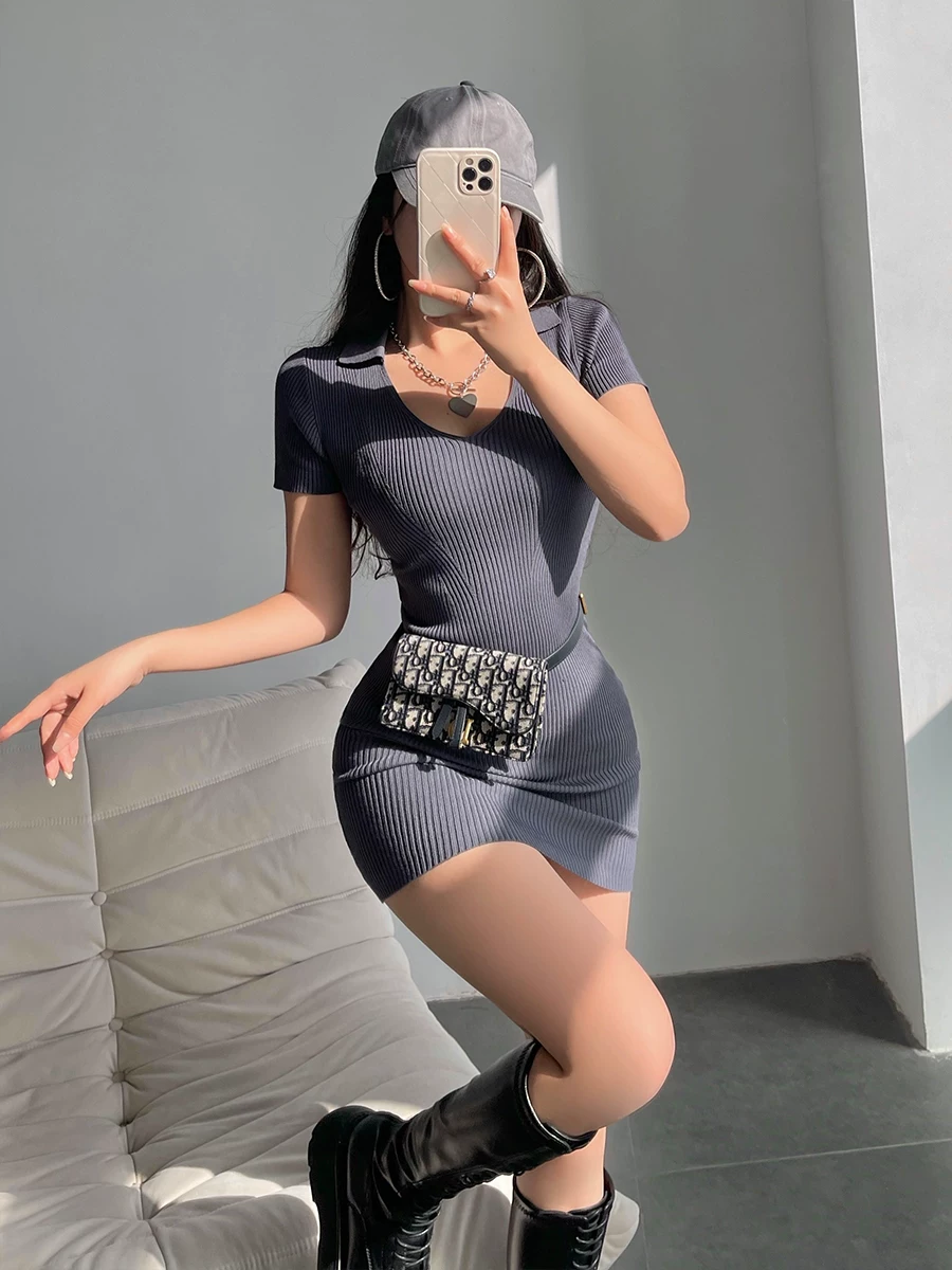 YoungGirlDay Đầm dệt kim ngắn tay cổ chữ V gợi cảm, ôm sát cơ thể dành cho nữ