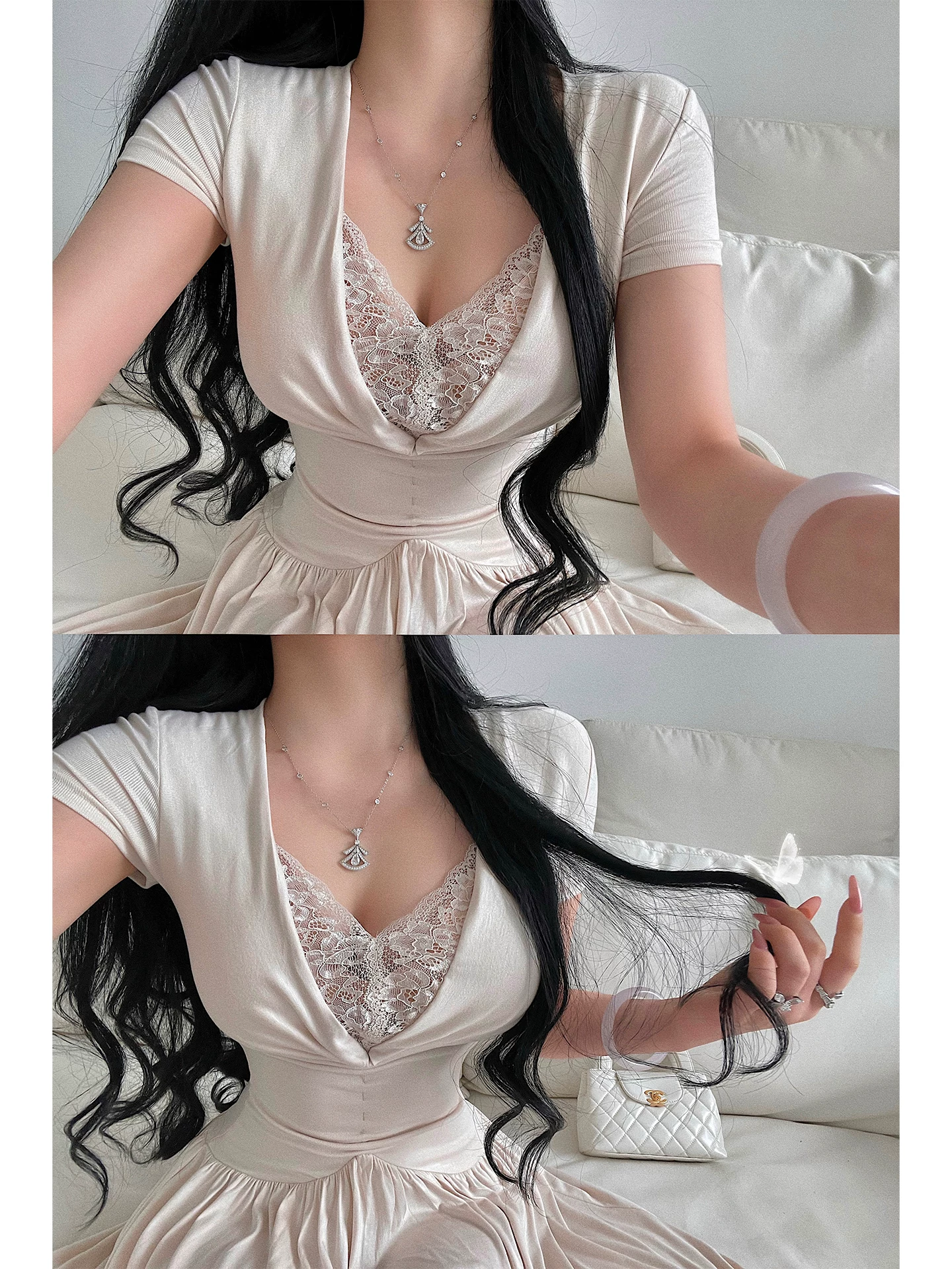 YoungGirlDay phong cách thuần khiết gợi cảm, ren phối ren, váy xếp ly viền xếp ly, váy dài đến sàn