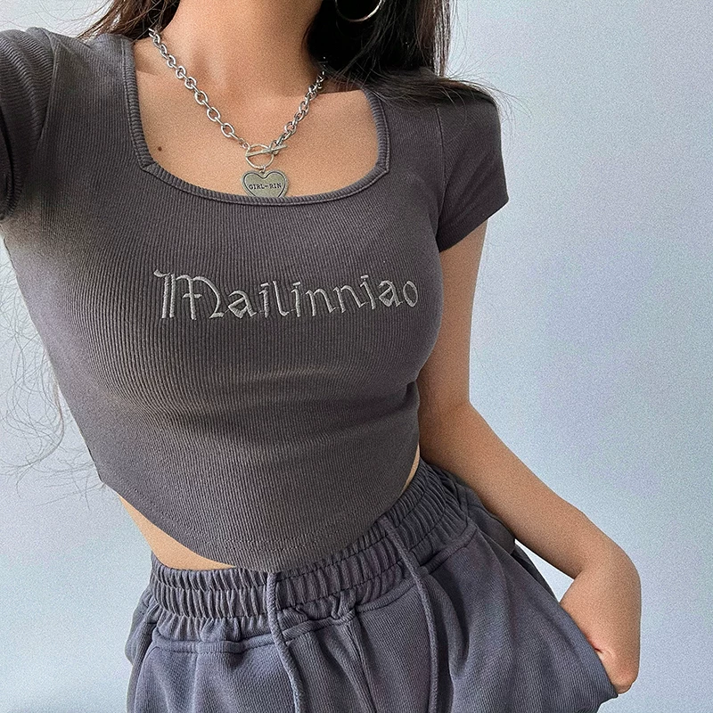 YoungGirlDay Áo thun ngắn tay ngắn tay kiểu Âu Mỹ gợi cảm cổ vuông thêu chữ kiểu Âu Mỹ