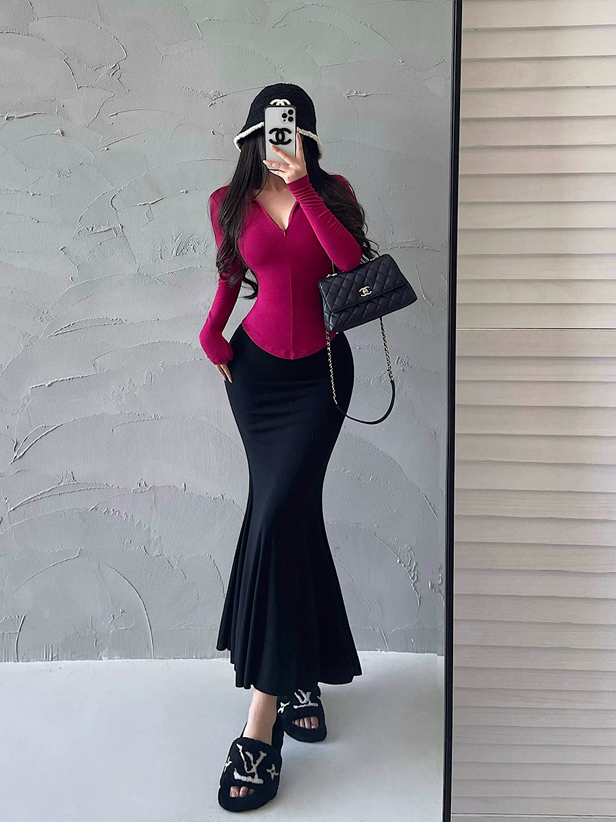 YoungGirlDay phong cách thuần khiết gợi cảm, eo cao, ôm sát, màu trơn, co giãn, váy đuôi cá, váy dài