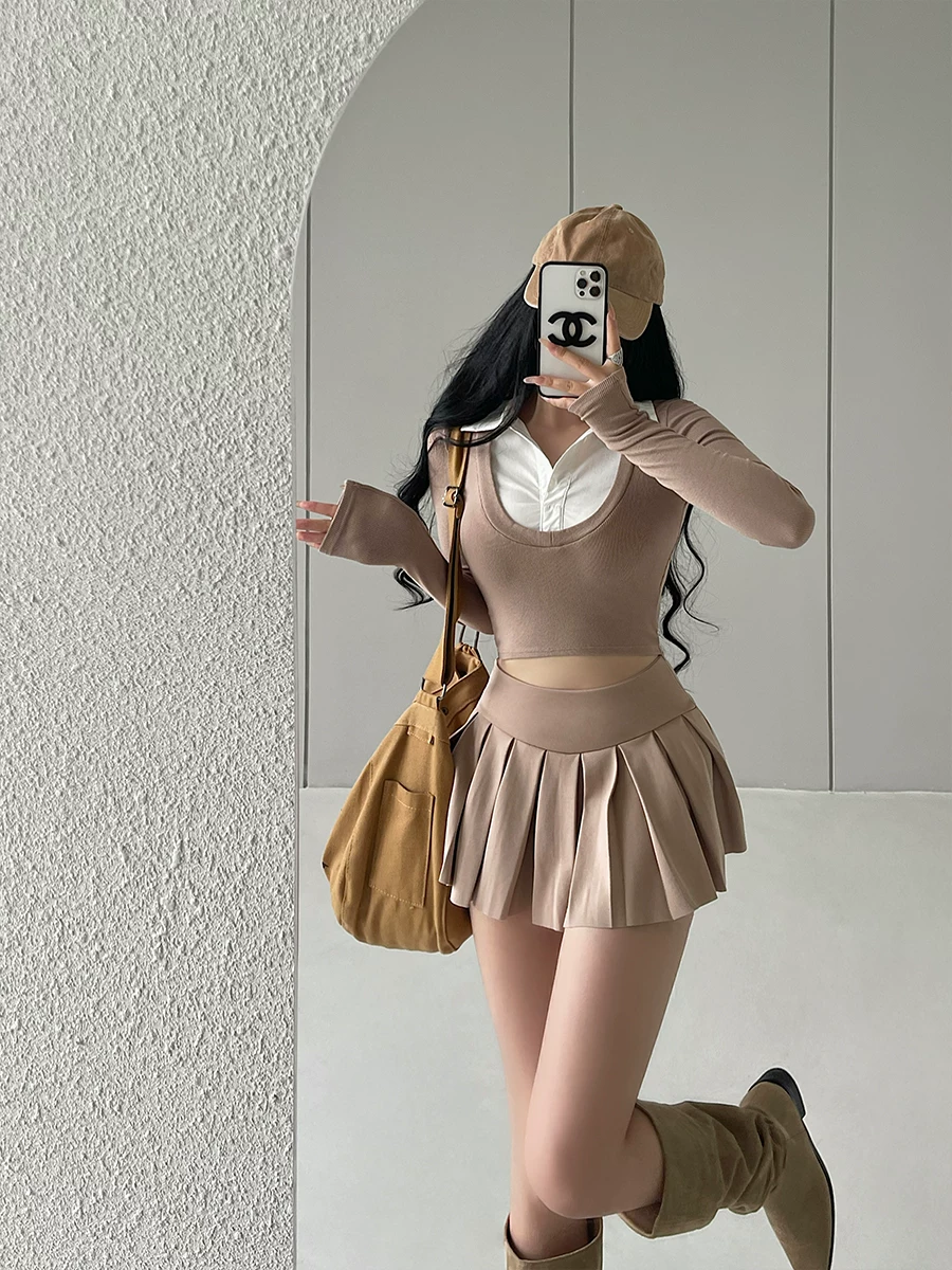 YoungGirlDay Pure Desire Gợi cảm có cổ áo kiểu dáng ôm vừa vặn Áo crop top ngắn tay dài giả hai mảnh dành cho nữ.