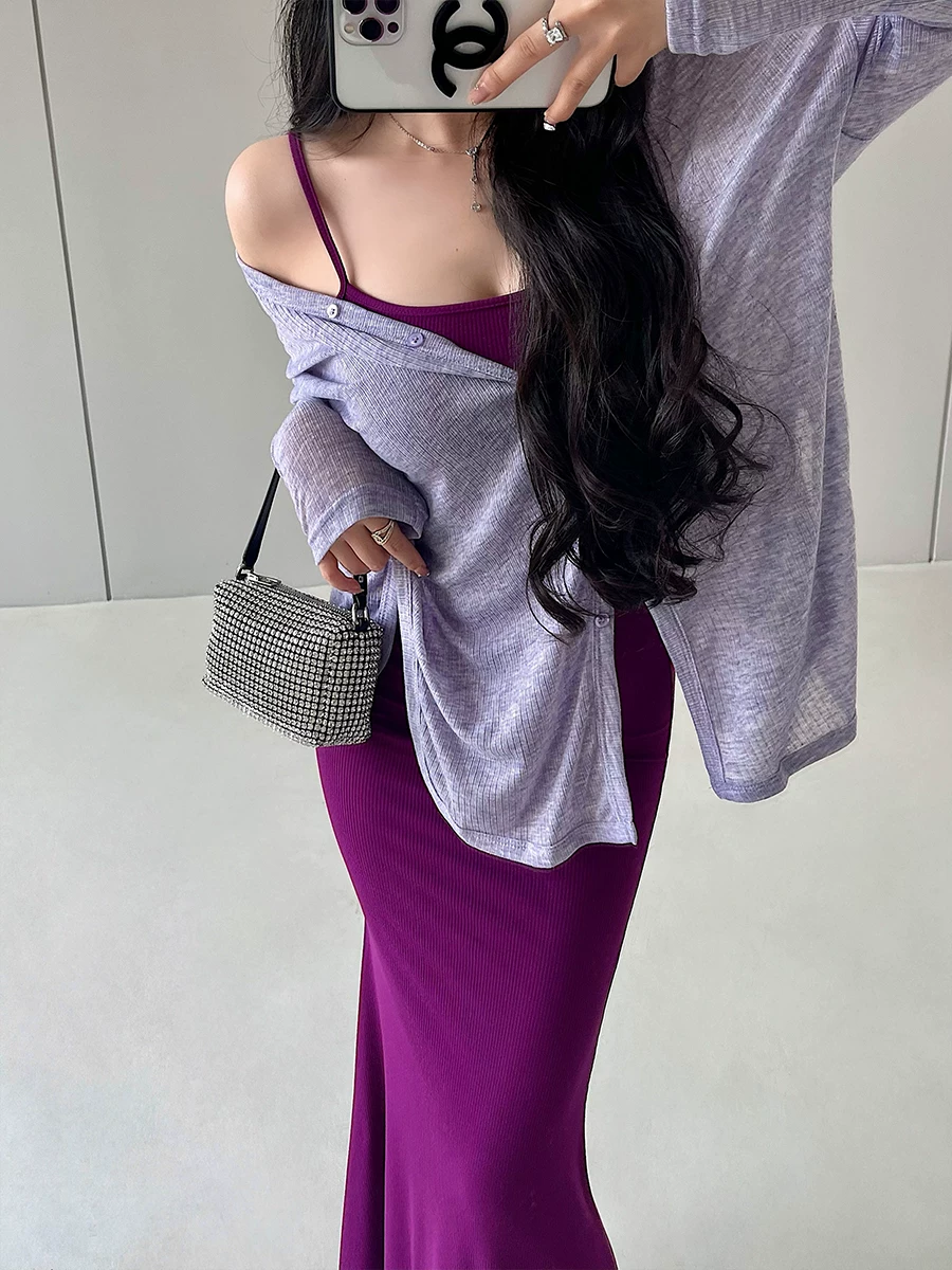 YoungGirlDay Pure Desire Áo khoác cardigan dáng rộng cổ chữ V có dây buộc eo, áo khoác mỏng chống nắng dành cho nữ