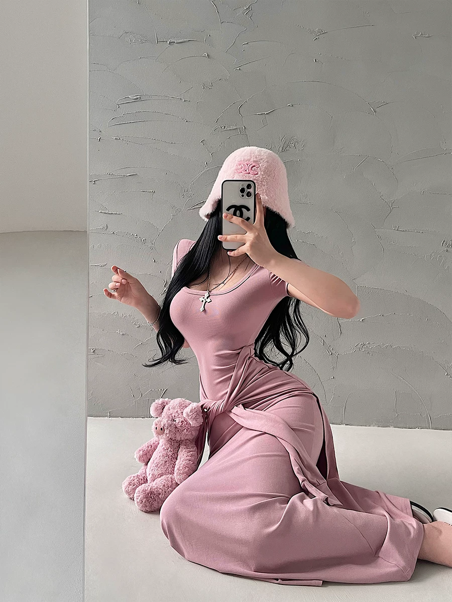 YoungGirlDay Pure Desire Style Phong cách gợi cảm cổ chữ U giả hai mảnh có dây buộc eo tay ngắn váy dài viền váy dài.