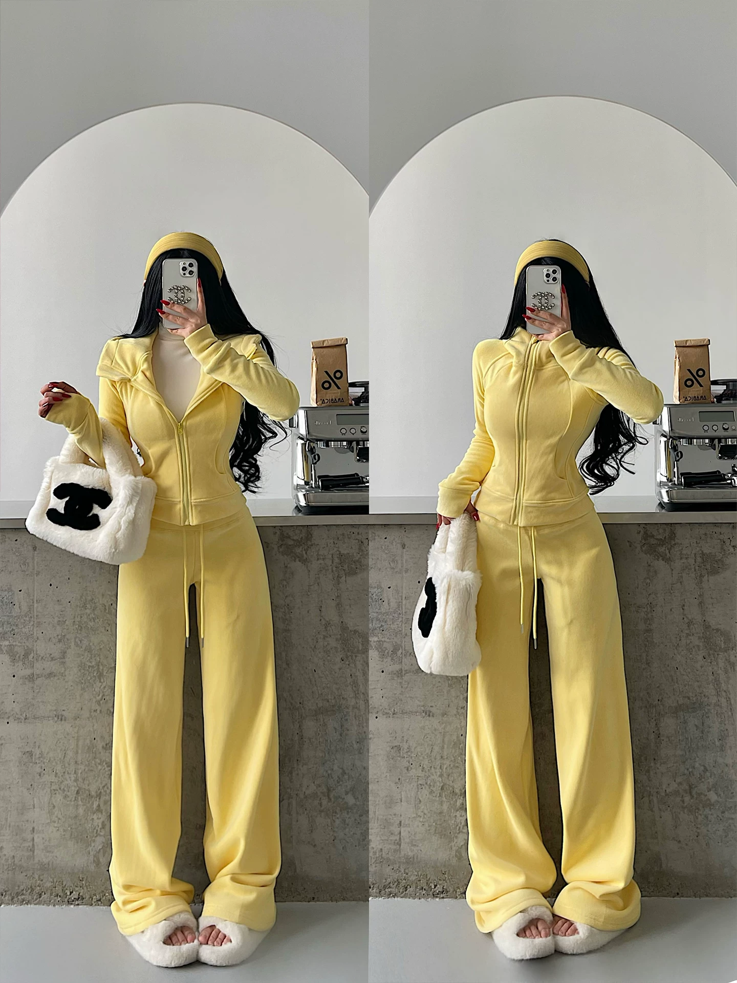 YoungGirlDay lông cừu ấm áp dày dặn có mũ trùm đầu có khóa kéo áo khoác cardigan quần dài đến sàn bộ quần dài