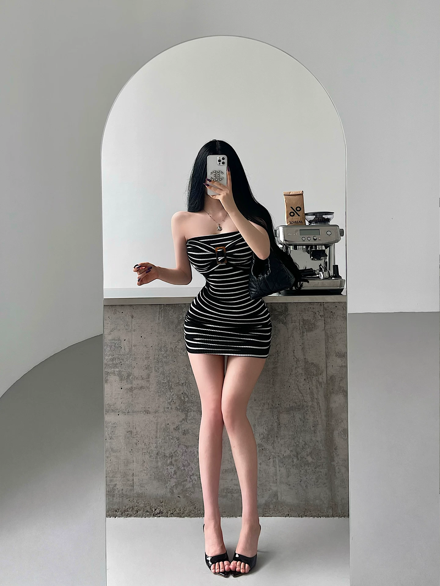 YoungGirlDay phong cách thuần khiết gợi cảm áo ống sọc gợi cảm ôm eo xếp ly váy bodycon dài tay kèm áo cardigan