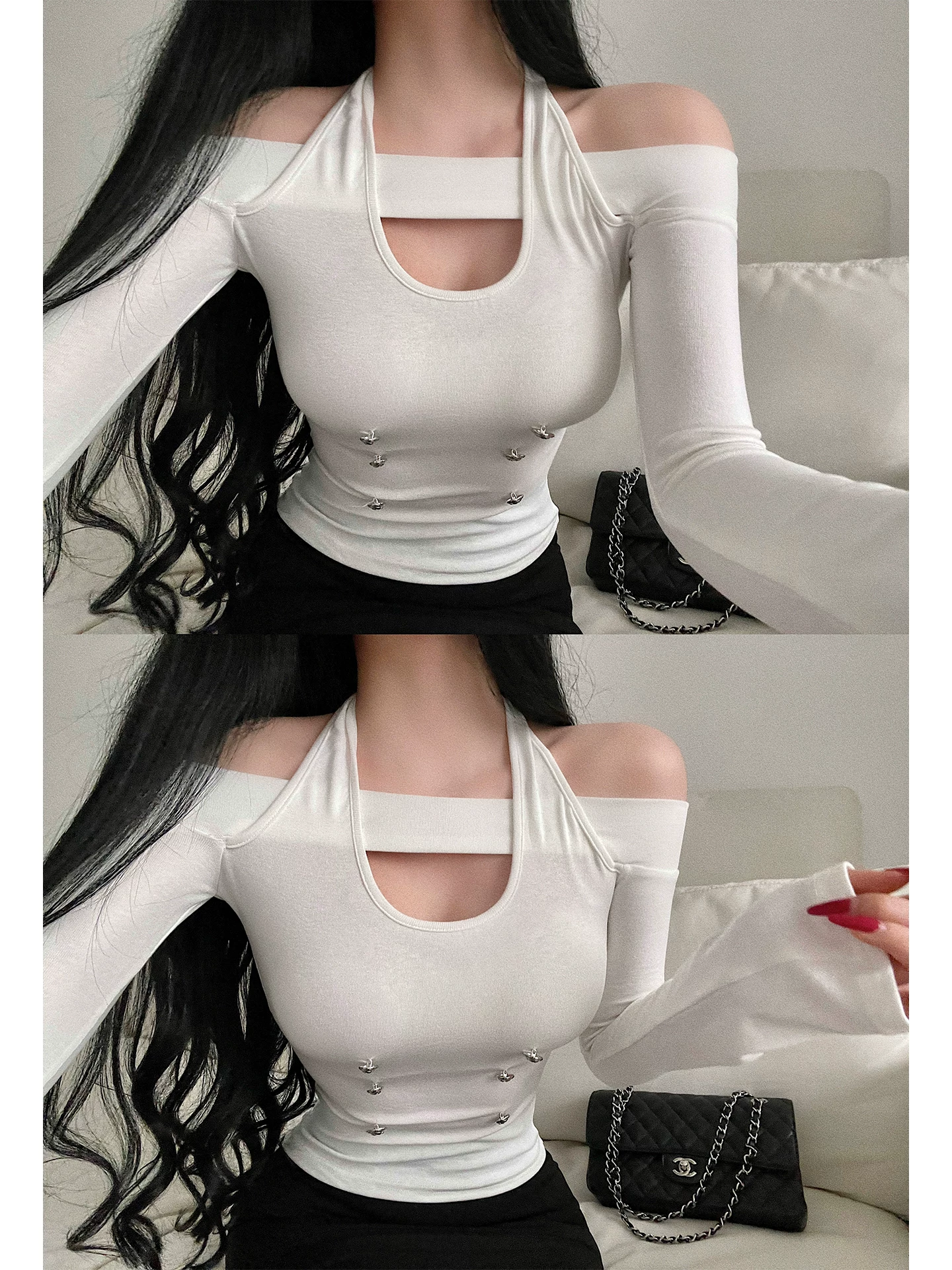 YoungGirlDay Pure Desire Hot Girl Gợi Cảm Lệch Vai Rỗng Ra Đôi Ngực Trang Trí Tay Dài Dây Cổ Áo Thun Hàng Đầu