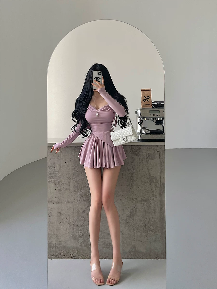 YoungGirlDay khao khát thuần khiết phong cách cô gái ngọt ngào áo yếm cổ xòe áo cardigan dài tay chống lộ hàng, bộ váy xếp ly xếp ly