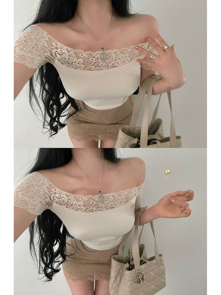 YoungGirlDay Pure Desire Atmosphere Áo thun trễ vai gợi cảm Slim Fit phối ren chắp vá Áo thun ngắn tay hàng đầu
