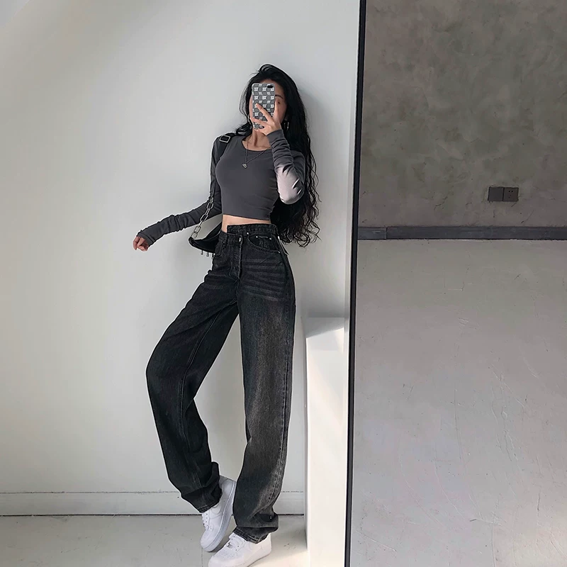 YoungGirlDay Blogger người châu Âu và Mỹ phong cách đường phố quần jean ống rộng dáng suông rộng rãi hợp thời trang
