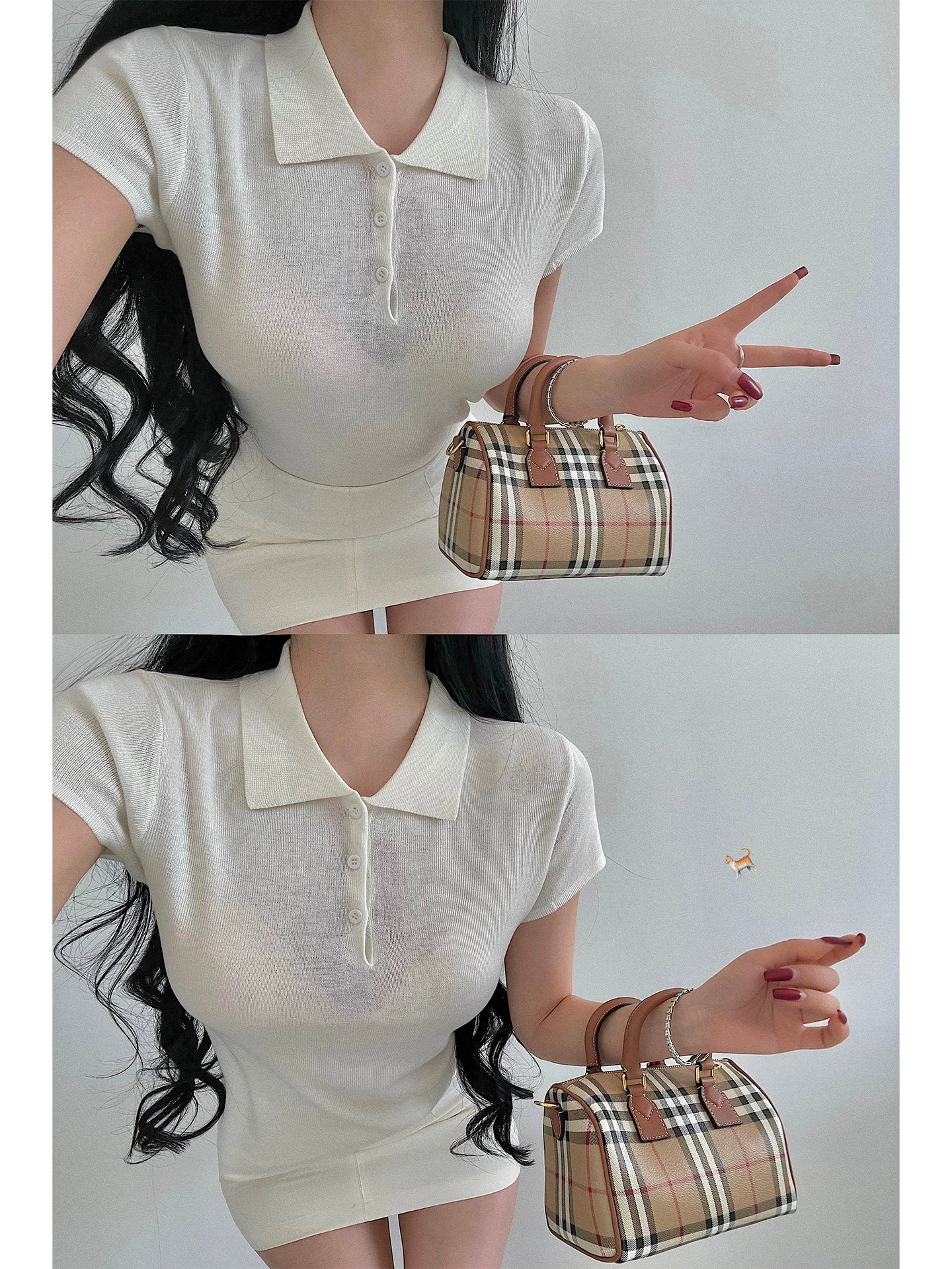 Áo thun dệt kim tay ngắn kiểu dáng cổ polo, ôm sát eo, tôn dáng, phong cách YoungGirlDay old money.