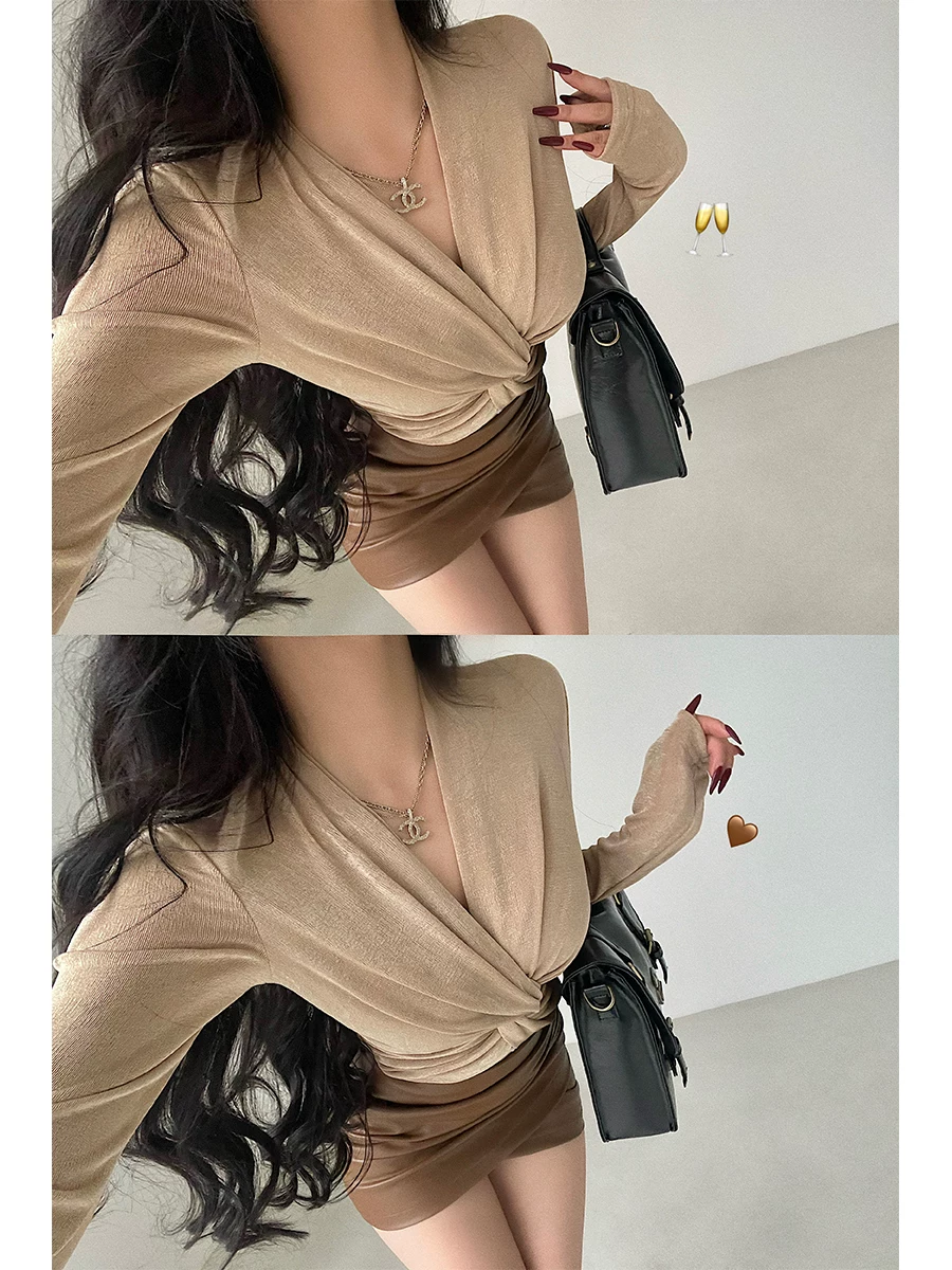 YoungGirlDay Pure Desire Cổ chữ V gợi cảm Slim Fit Twist Eo Giảm béo Áo sơ mi dài tay Áo thun dành cho nữ.