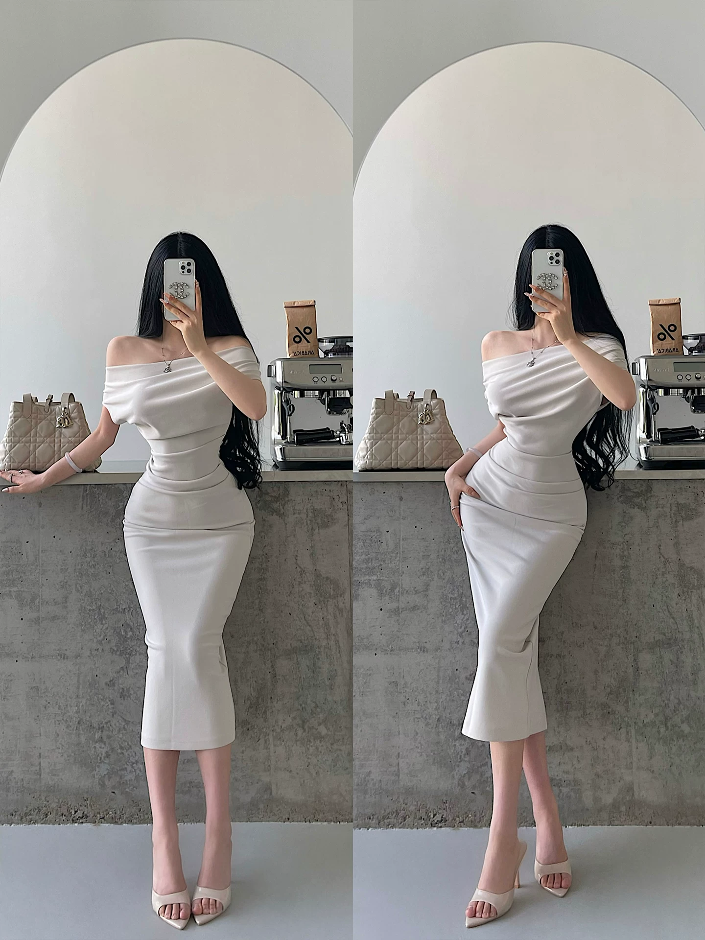 YoungGirlDay Váy dài vừa phải, ôm sát eo, có dây rút, một bên vai, gợi cảm và quyến rũ, có đường xẻ phía sau.