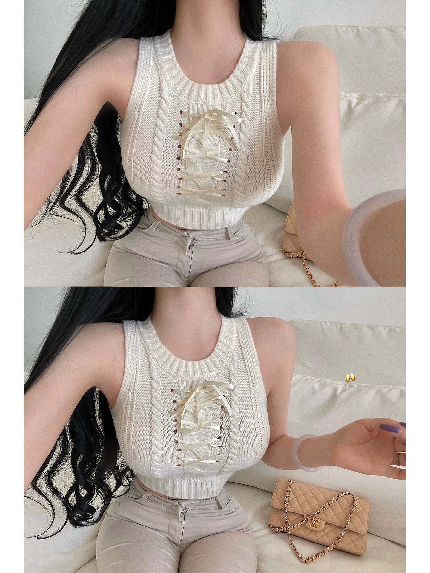 Áo vest dệt kim ngắn tay, cổ tròn, thắt nơ, ôm sát, thanh lịch và ngọt ngào của YoungGirlDay