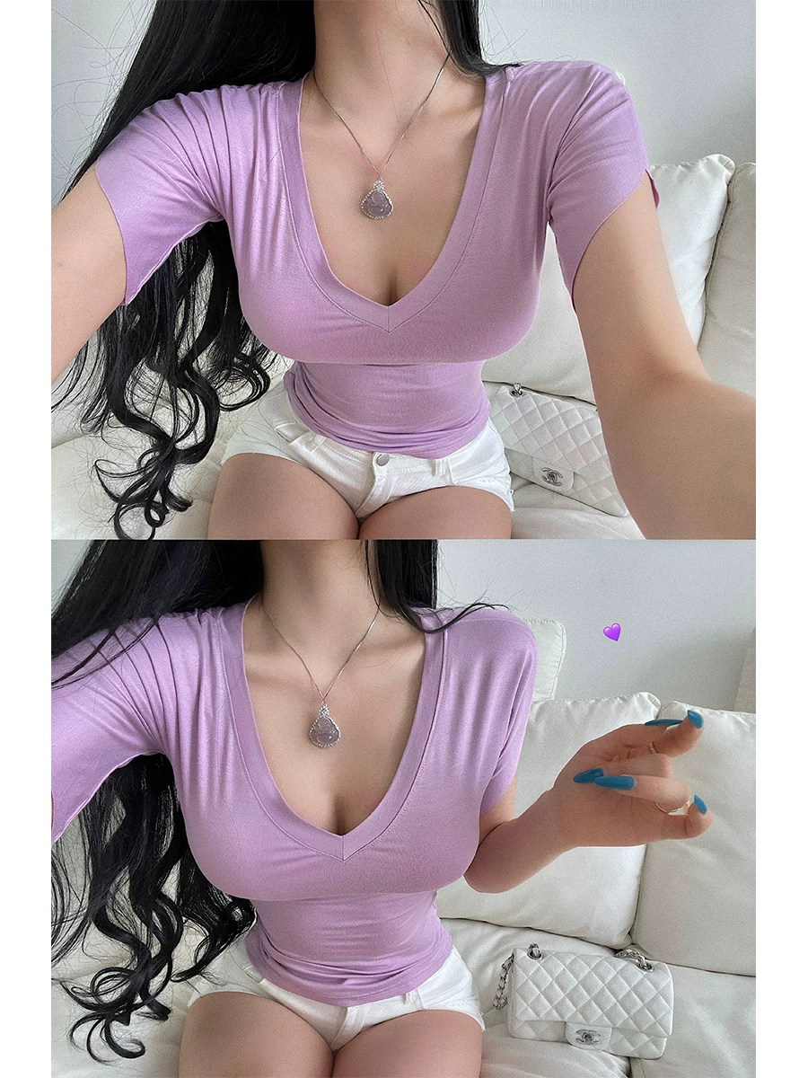 Áo thun cơ bản YoungGirlDay cổ chữ V, ôm eo, giảm béo, màu trơn, tay ngắn