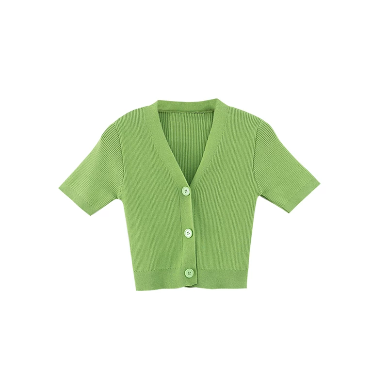 YoungGirlDay Áo thun cardigan ngắn tay cổ chữ V ngắn gợi cảm phong cách Âu Mỹ kiểu dáng ôm vừa vặn ba nút