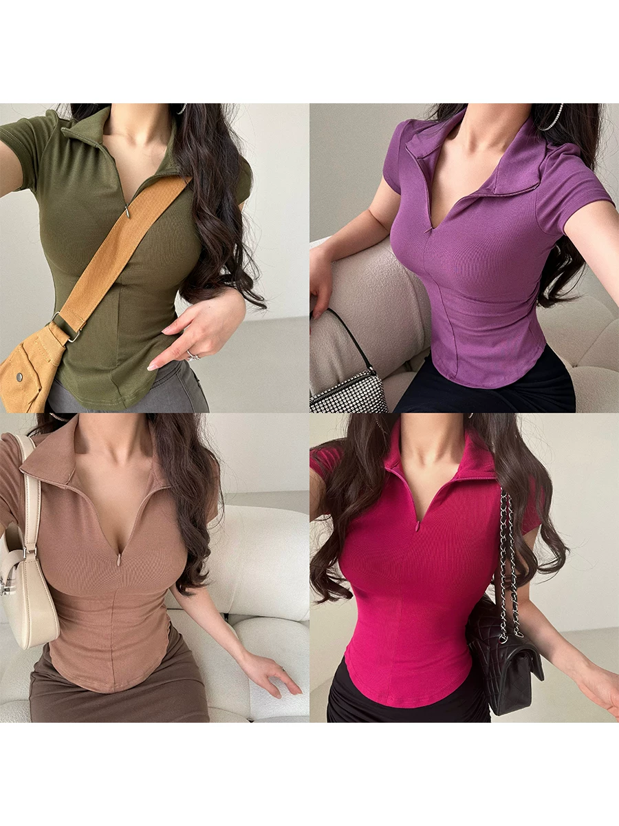 YoungGirlDay Pure Desire Spicy Girl có dây kéo có cổ áo vừa vặn màu trơn eo co giãn áo thun ngắn tay