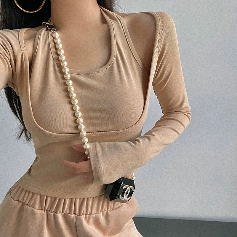 YoungGirlDay Pure Desire Hot Girl Gợi Cảm Cổ Dây Dài Tay Áo Slim Fit Ngắn Giả Hai Mảnh Áo Phông Dành Cho Nữ.
