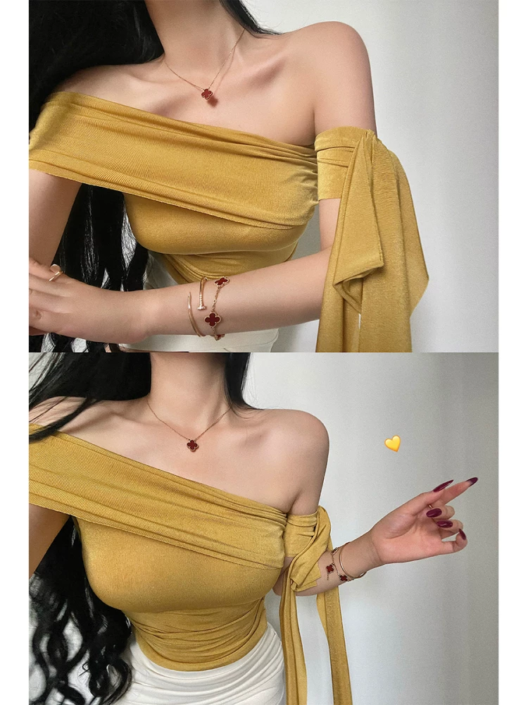 YoungGirlDay Pure Desire Style Hot Girl Gợi cảm lệch vai có dây trang trí Slim Fit Áo thun không tay hàng đầu