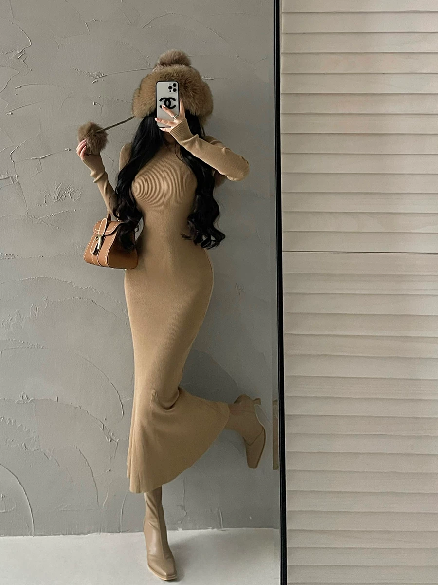 YoungGirlDay khao khát thuần khiết gợi cảm cổ tròn ôm sát tay dài dệt kim bodycon váy đuôi cá váy dài