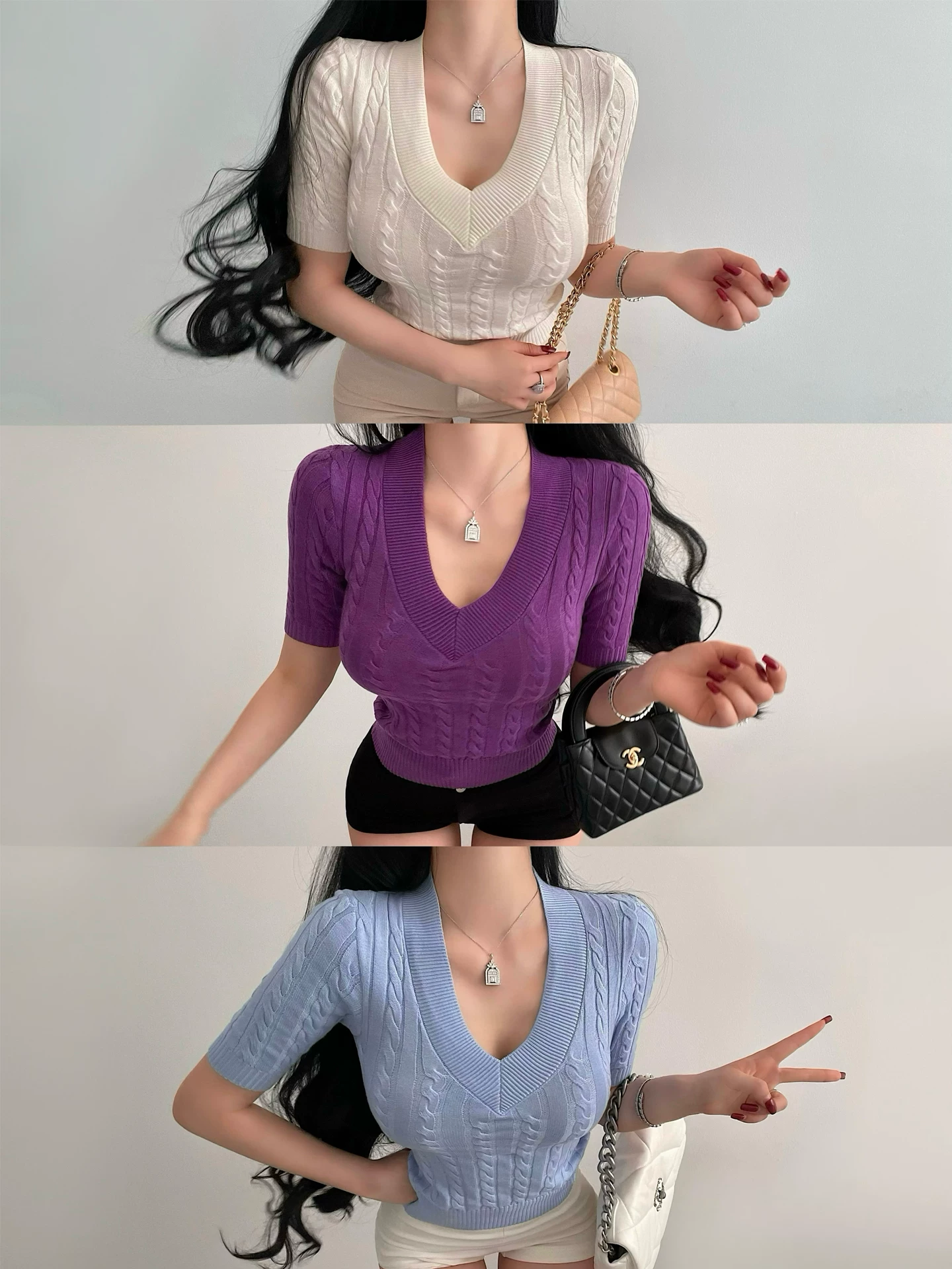 YoungGirlDay phong cách thuần khiết gợi cảm cổ chữ V ôm vừa vặn màu trơn tay áo dài vừa phải áo thun dệt kim co giãn