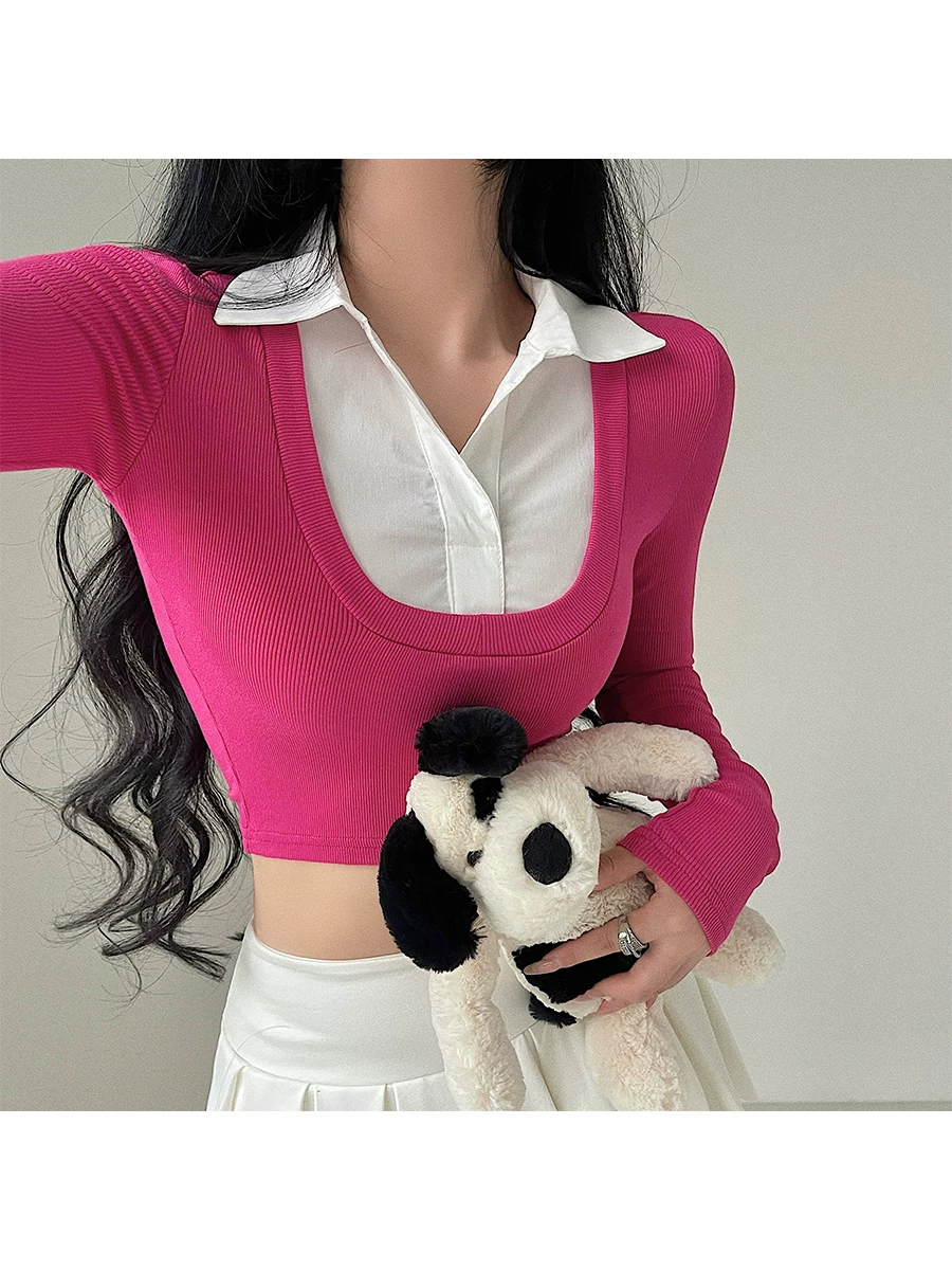 YoungGirlDay Pure Desire Gợi cảm có cổ áo kiểu dáng ôm vừa vặn Áo crop top ngắn tay dài giả hai mảnh dành cho nữ.