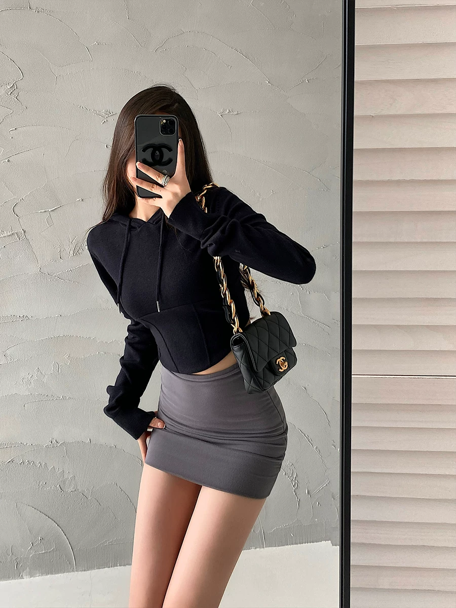YoungGirlDay pure Desire hot girl slim fit áo nỉ có mũ trùm đầu có dây rút ngắn, áo dệt kim ngắn tay dài