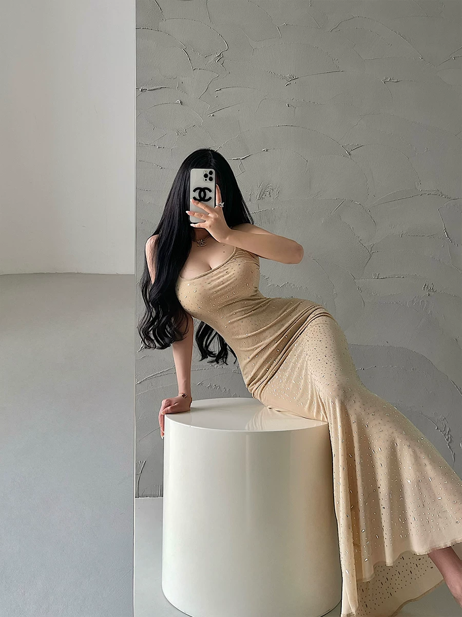 Váy dài ôm sát kiểu Kardashian đính đá pha lê, chất liệu lưới, gợi cảm, kiểu đuôi cá, dành cho kỳ nghỉ.
