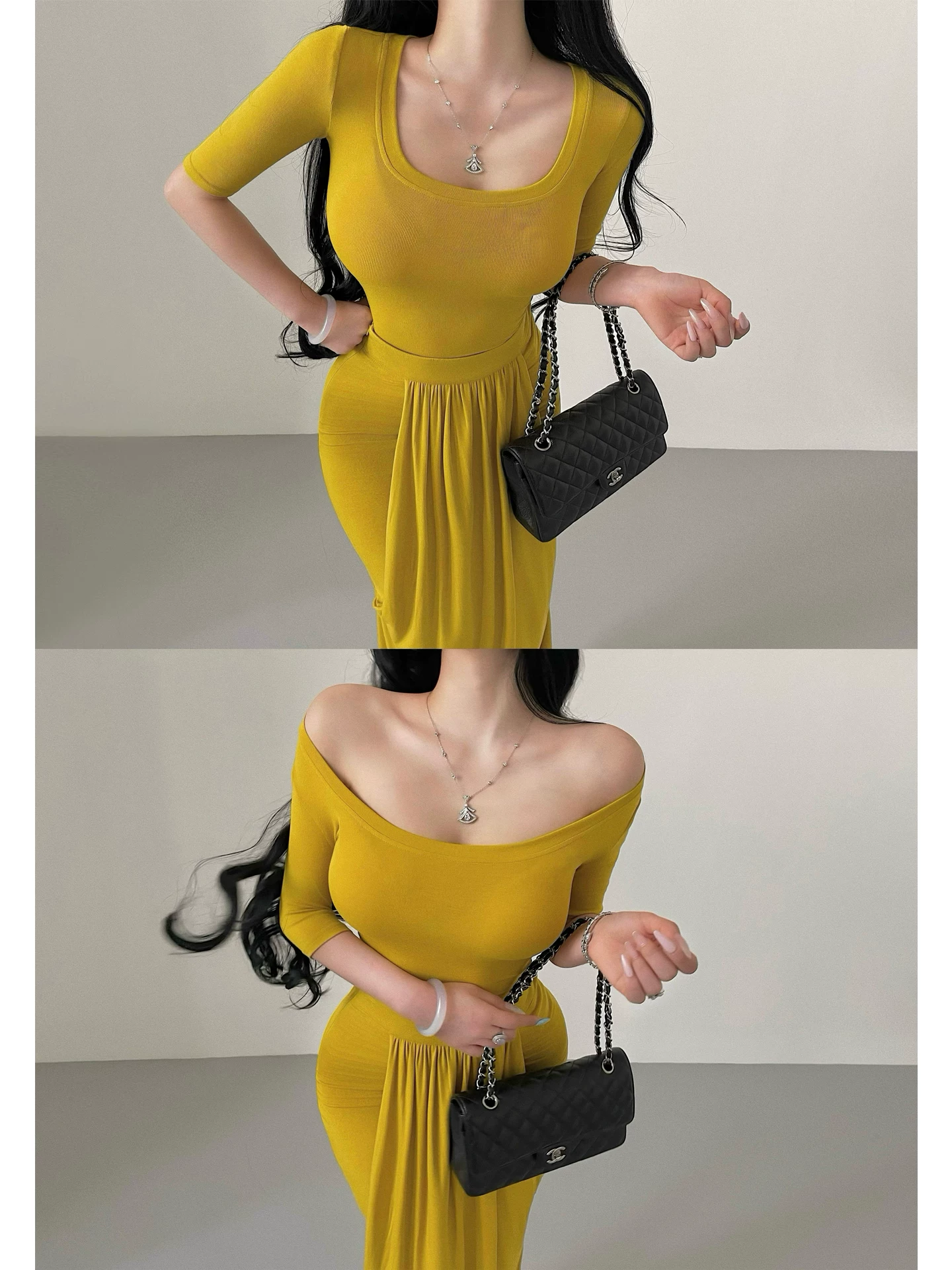 YoungGirlDay Pure Desire Style Áo thun tay lỡ gợi cảm Top Bộ váy đuôi cá xếp nếp cạp cao Bodycon.