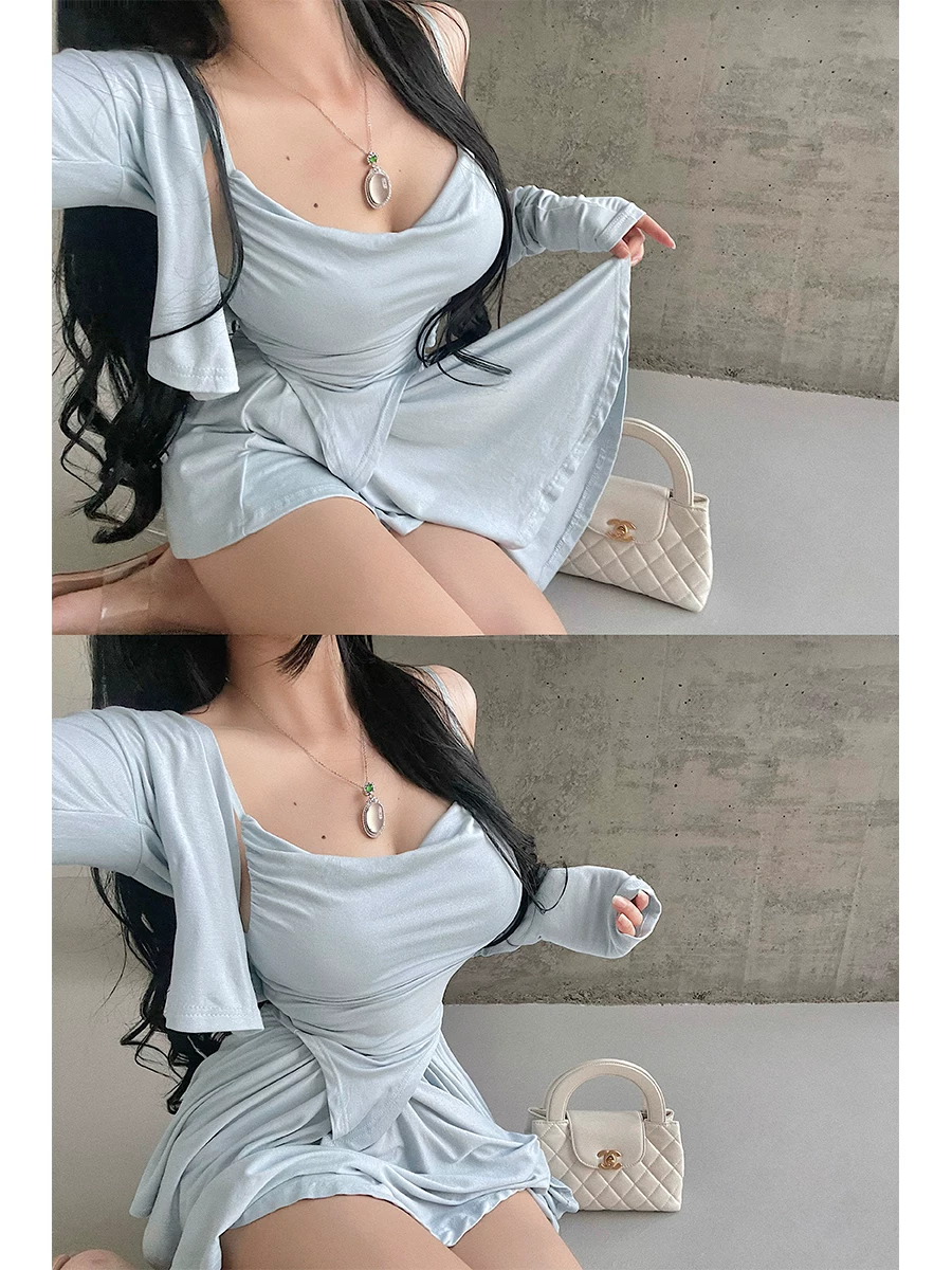 YoungGirlDay khao khát thuần khiết phong cách cô gái ngọt ngào áo yếm cổ xòe áo cardigan dài tay chống lộ hàng, bộ váy xếp ly xếp ly