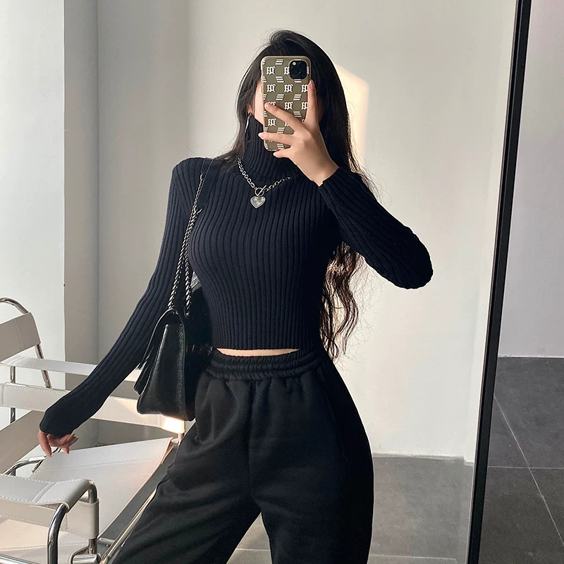 YoungGirlDay Áo len dệt kim ngắn tay ôm sát cổ cao gợi cảm phong cách Âu Mỹ có tay áo dài.