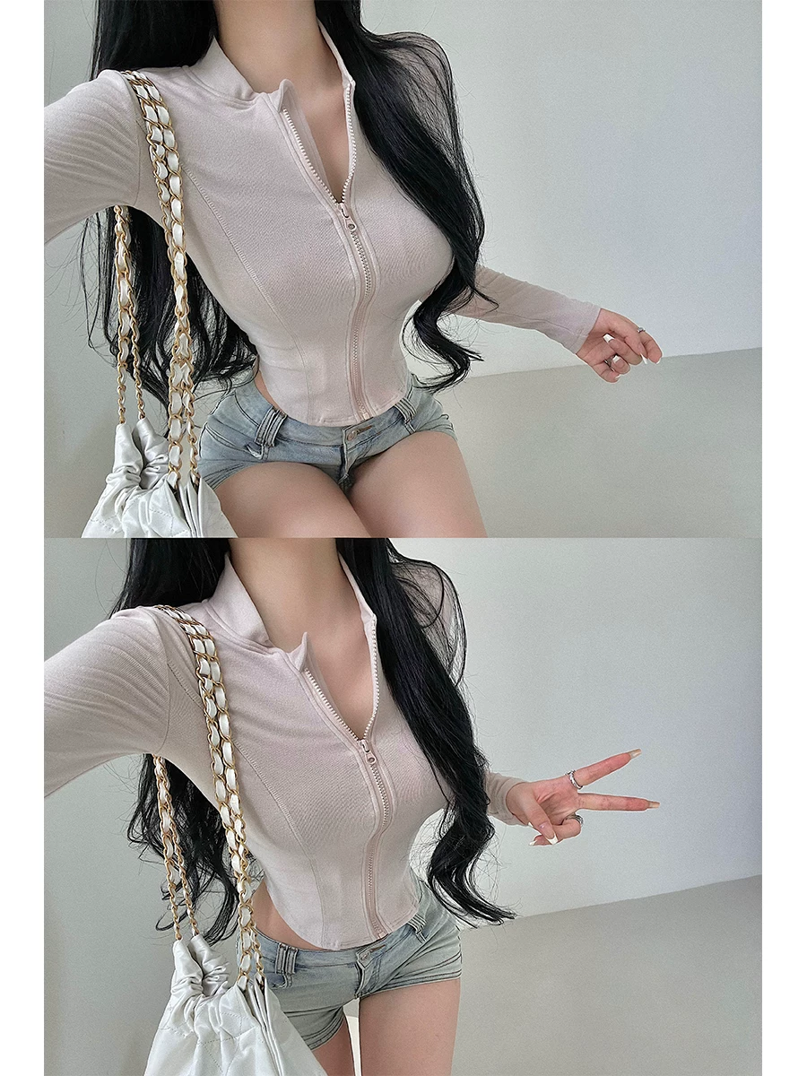 YoungGirlDay Pure Desire nhung bó sát dài tay có khóa kéo áo cardigan thể dục thể thao thường ngày áo sơ mi đáy quần dành cho nữ