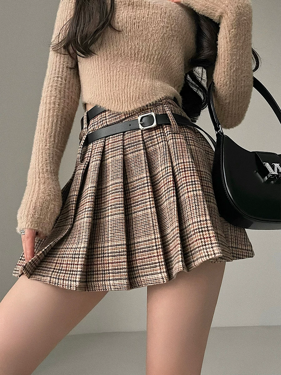 YoungGirlDay phong cách retro đại học phong cách retro eo cao giảm béo thắt lưng đôi chống lộ váy kẻ sọc váy ngắn