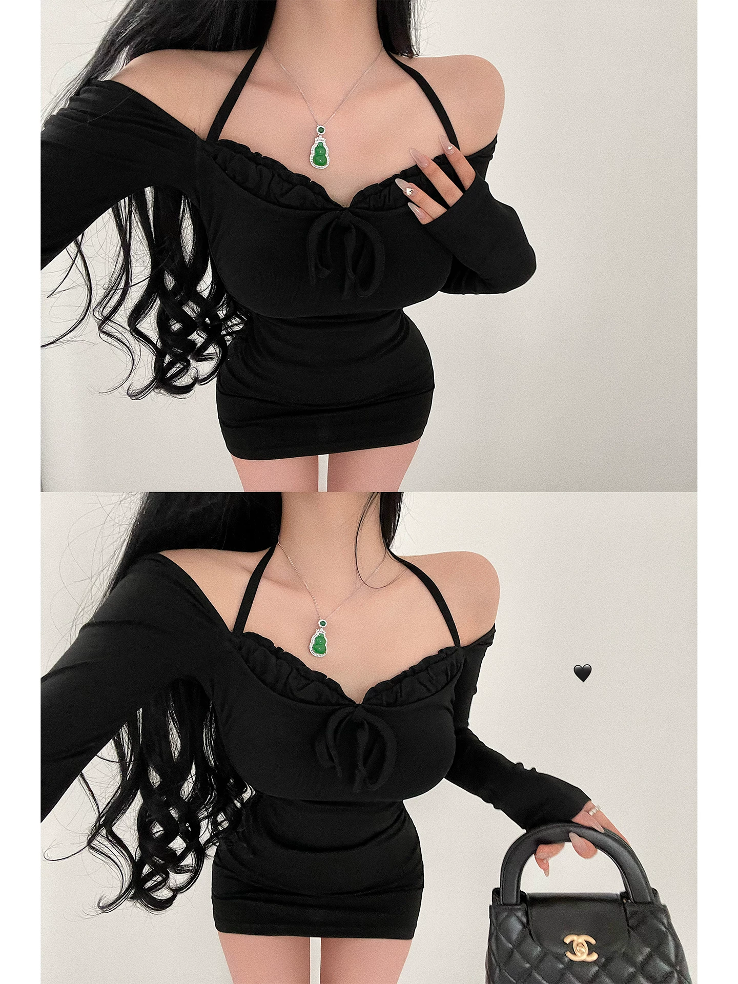 YoungGirlDay Váy ngắn bó sát eo dài tay, có dây buộc cổ, dành cho cô gái gợi cảm