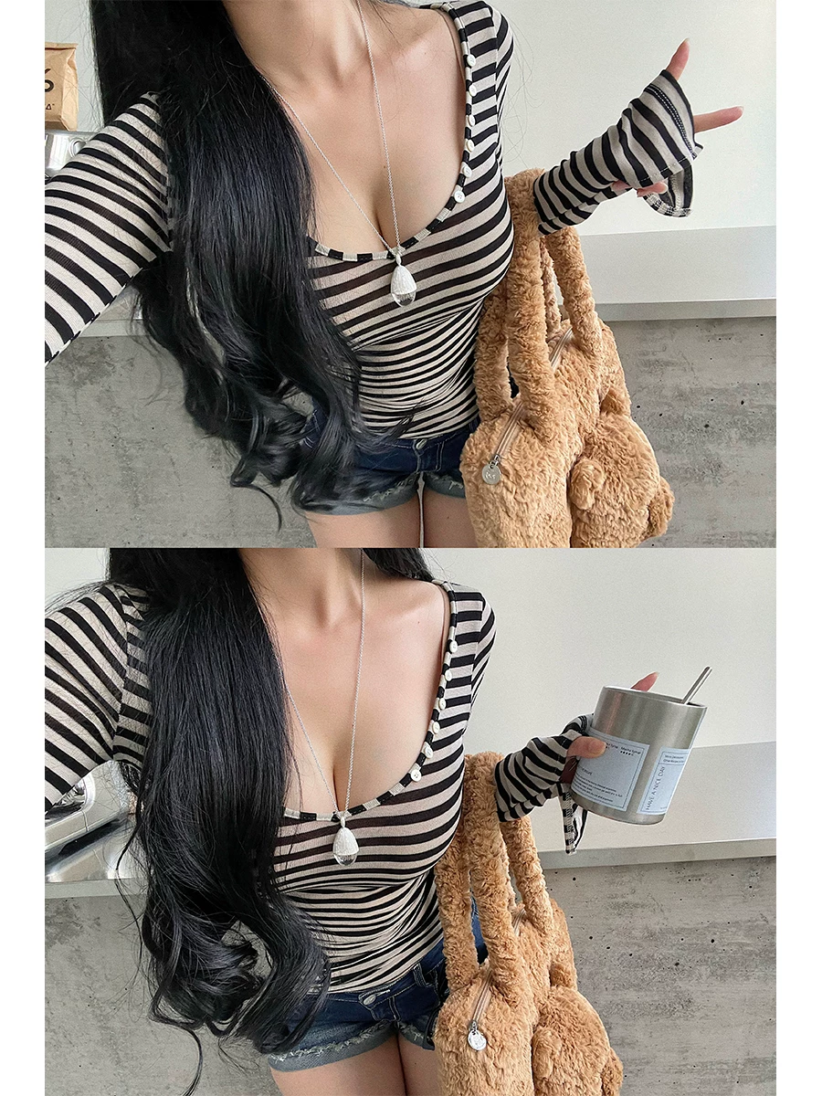 YoungGirlDay Pure Desire hot girl sexy cổ chữ V sâu vừa vặn co giãn sọc dài tay áo thun cơ bản