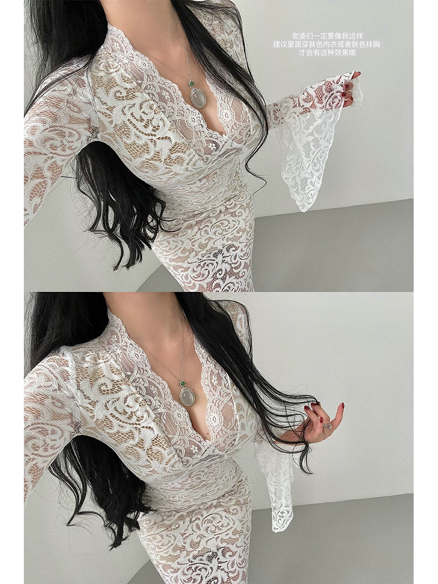 YoungGirlDay Pure Desire Style Phong cách gợi cảm Deep V Slim Fit Ren khoét hở tay áo dài Bodycon Dress Áo dài.