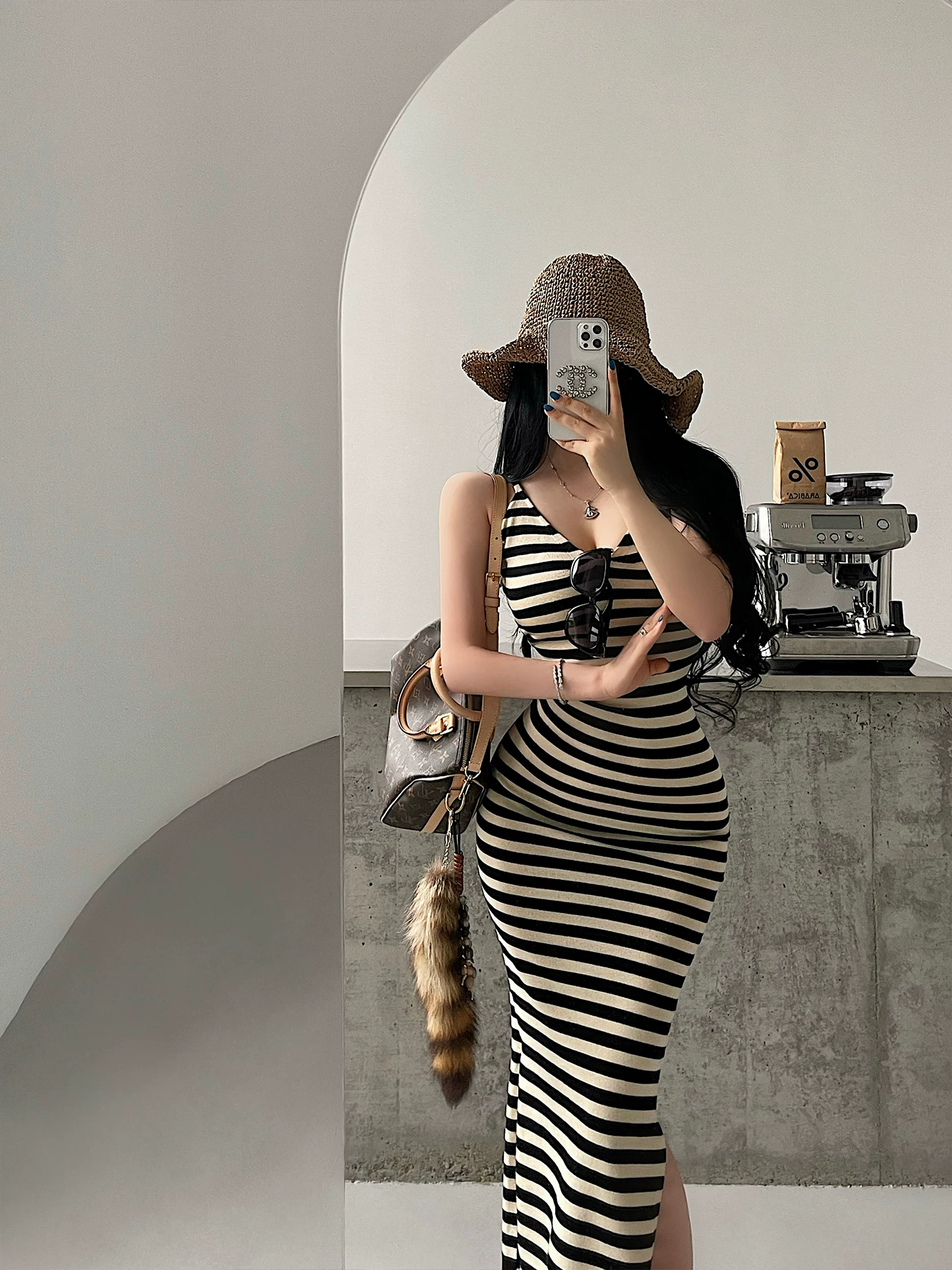 YoungGirlDay Pure Desire Cổ chữ V gợi cảm Slim Fit Sọc xẻ bên hông Váy dệt kim Bodycon Slip Dress Áo dài