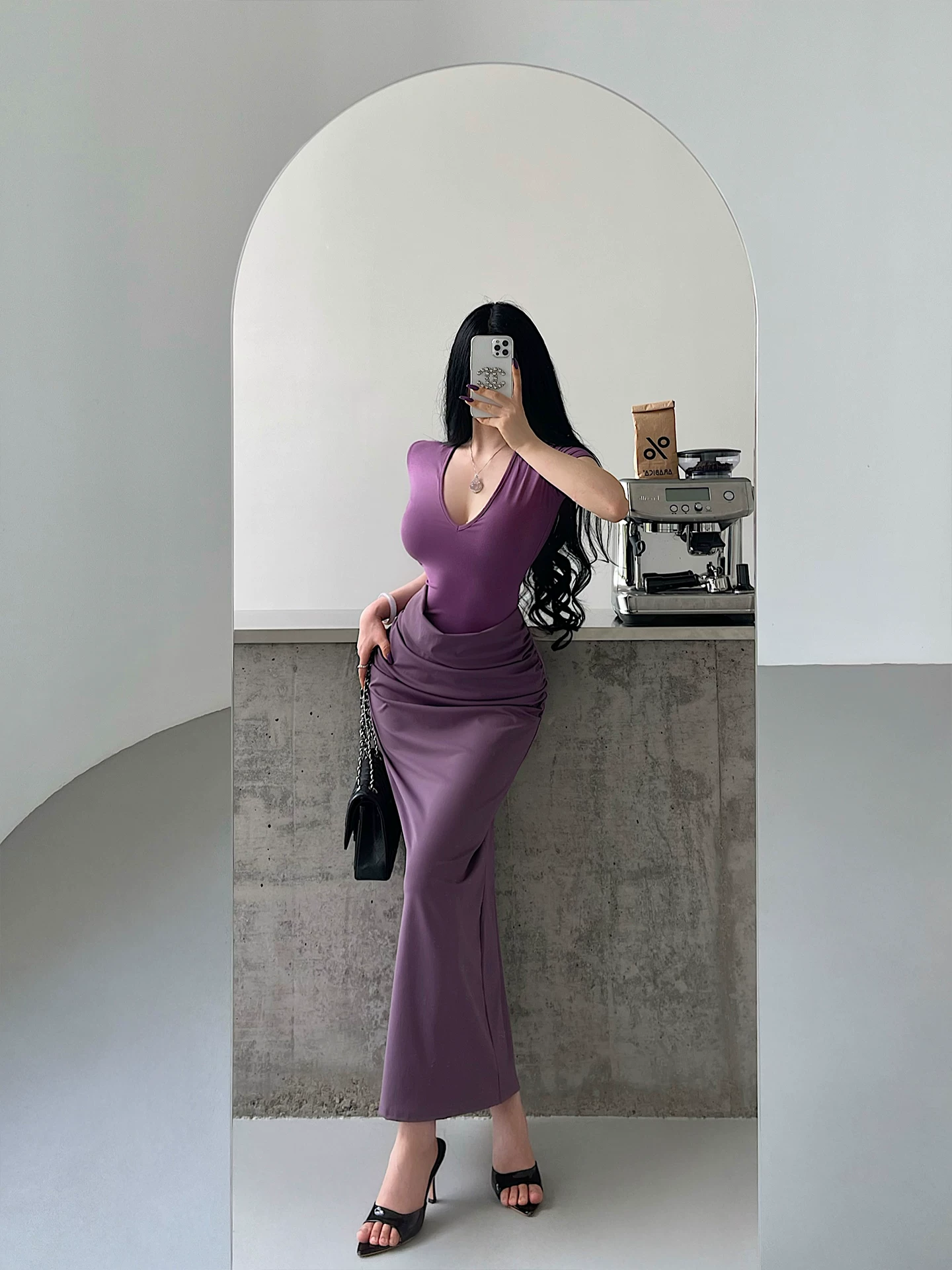 YoungGirlDay Pure Desire Style Phong cách gợi cảm Deep V Slim Fit Ruched Eo ngắn tay áo Bodycon Dress Áo dài.