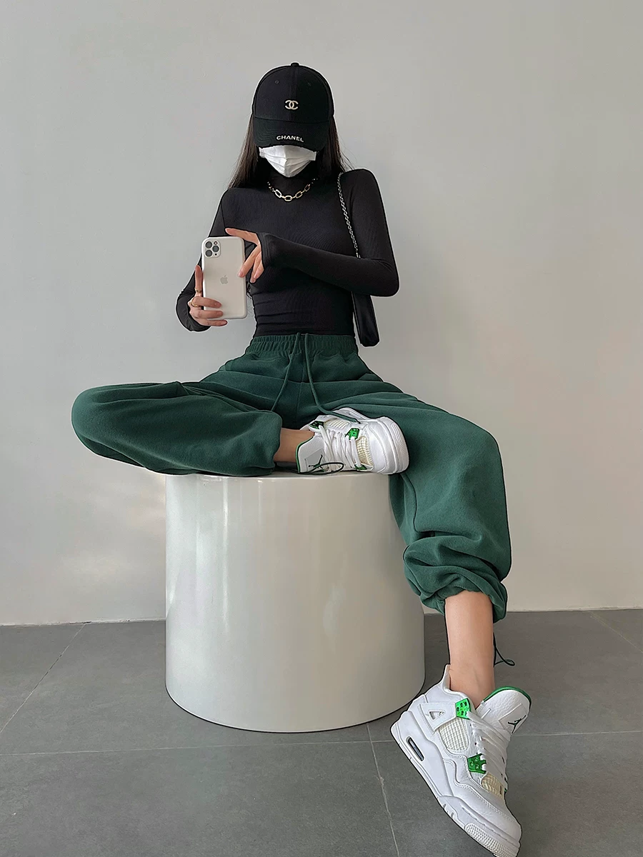 YoungGirlDay Quần jogger dây rút eo cao phong cách Âu Mỹ, màu trơn, đa năng, quần thể thao thông thường, quần dài