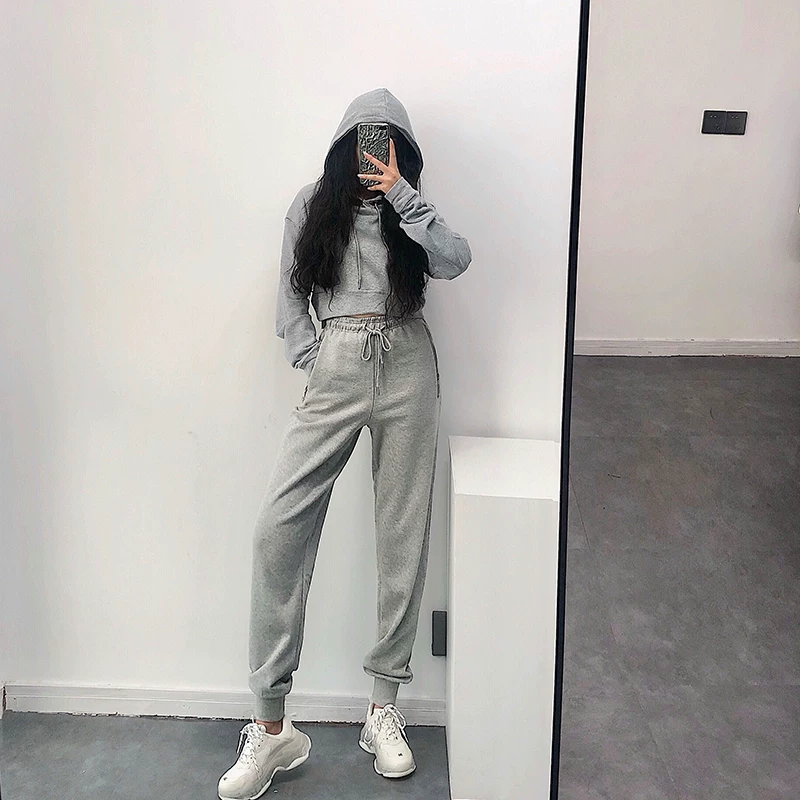 YoungGirlDay Phong cách châu Âu và Mỹ thời trang đường phố màu trơn quần harem cạp cao đa năng quần jogger quần dài