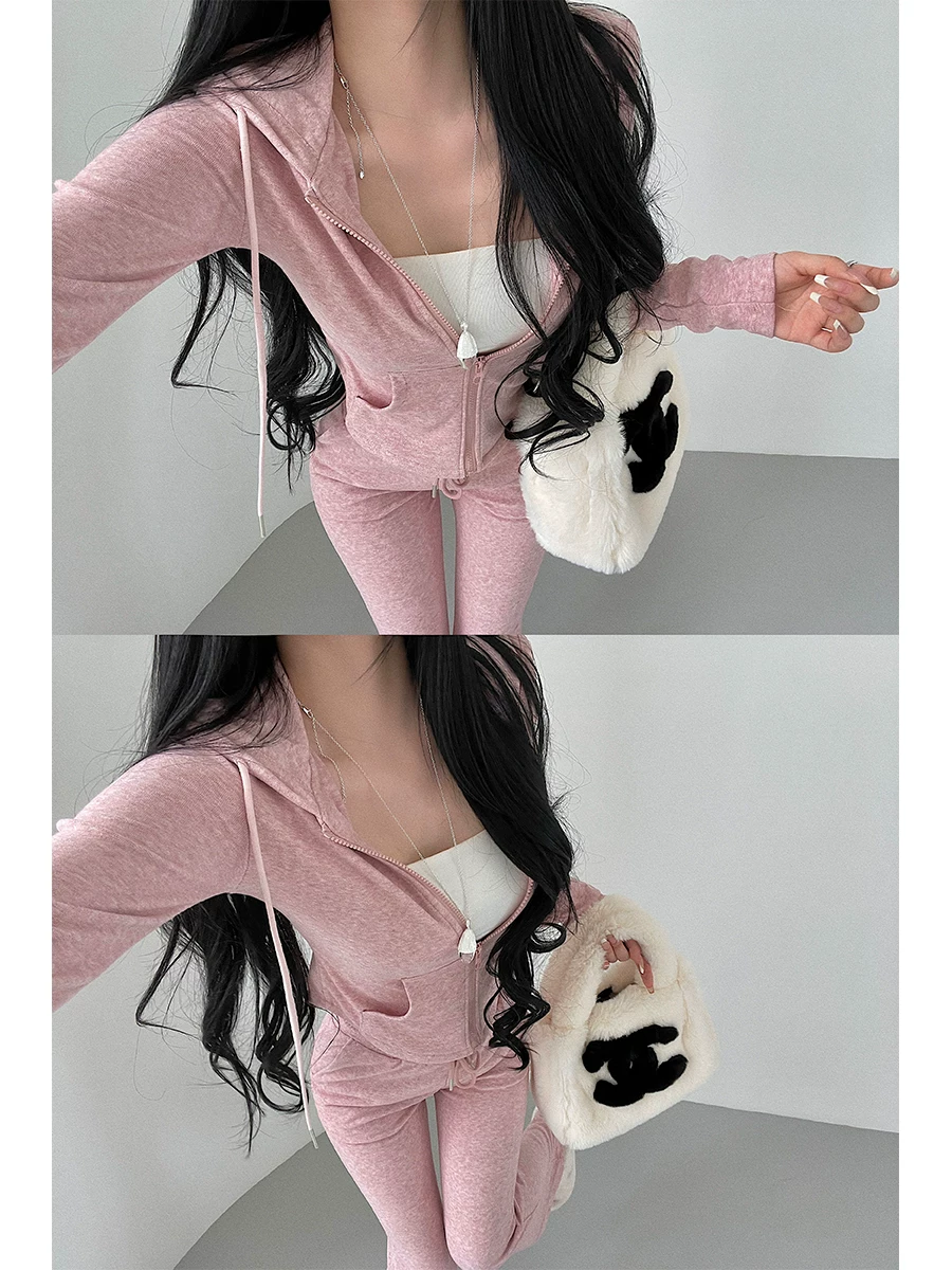 Áo khoác cardigan có mũ trùm đầu, dây buộc eo, kiểu dáng trẻ trung, quần ống loe cạp cao, quần dài chạm đất, bộ đồ thời trang.