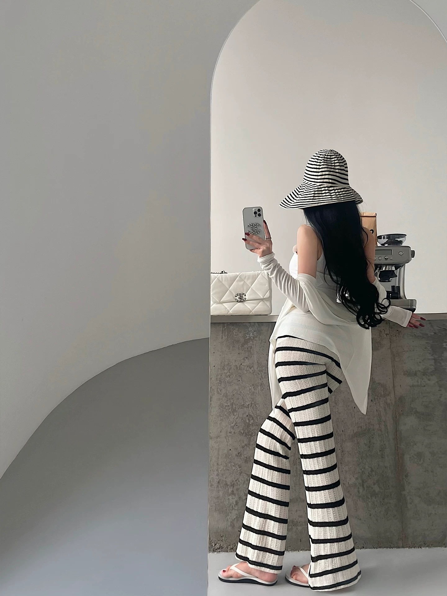 YoungGirlDay phong cách lười biếng cạp cao có dây rút dáng rộng sọc sọc loe quần dệt kim dáng suông quần dài đến sàn