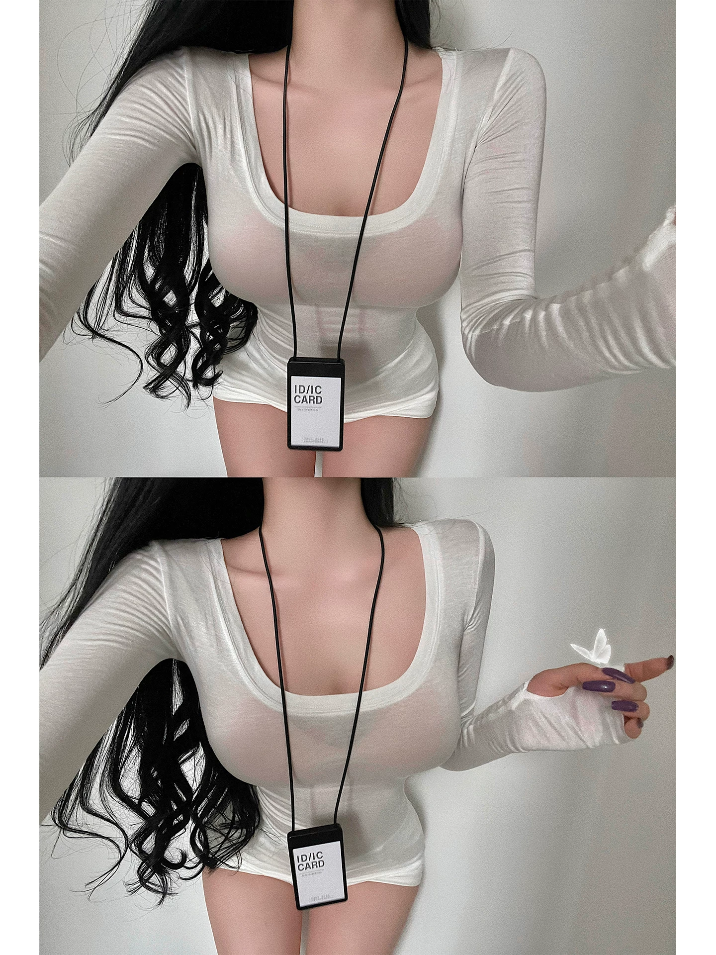 Áo thun dài tay YoungGirlDay cổ chữ U cơ bản, ôm sát, màu trơn, hơi xuyên thấu, co giãn