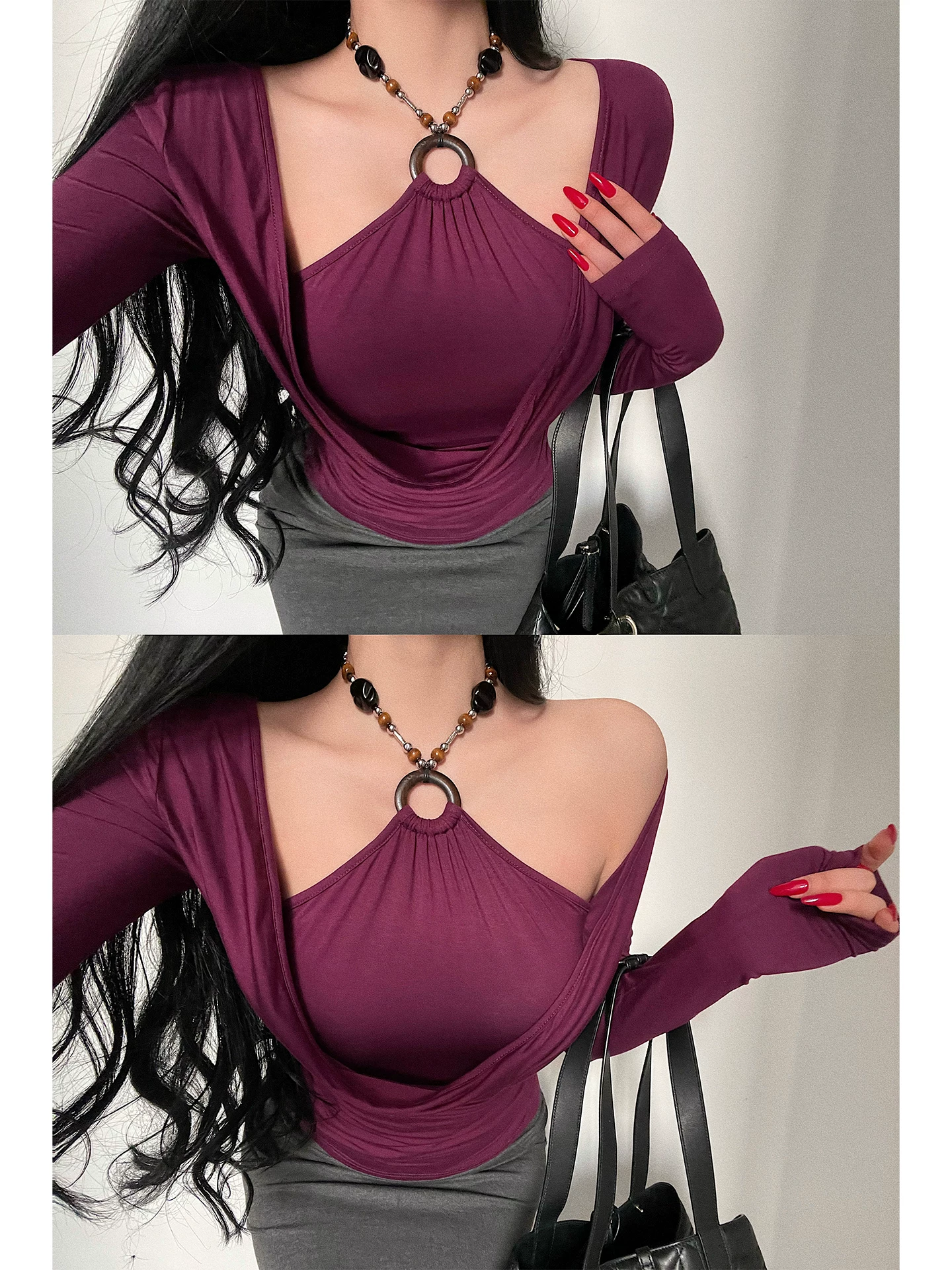 YoungGirlDay Pure Desire Style Gợi cảm Đường viền cổ áo giảm béo Eo Giả hai mảnh đính cườm Áo thun dài tay có dây buộc Top
