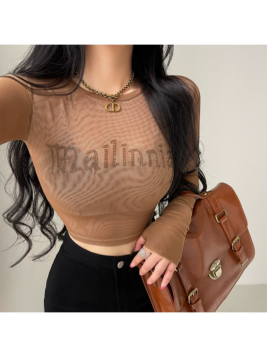 Áo thun ngắn tay dài phối lưới đính đá YoungGirlDay gợi cảm, ôm sát.