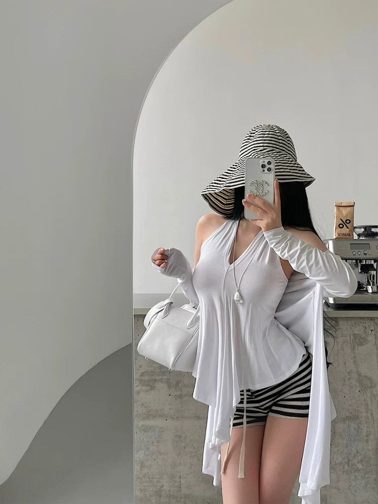 YoungGirlDay Pure Desire phong cách lười biếng không đều kiểu xếp ly cổ yếm áo ba lỗ dáng rộng giảm béo bộ áo cardigan dài tay